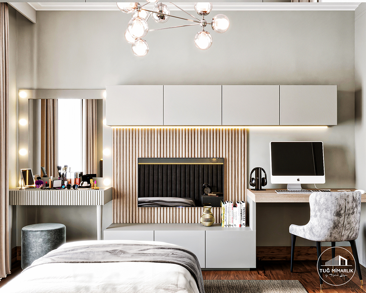 Erenköy genç kız odası makyaj masası ve tv Ünitesi - tuğ mimarlık Dilman Modern Erenköy genç kız odası; makyaj masası aynası, TV paneli ve çalışma masası bir arada