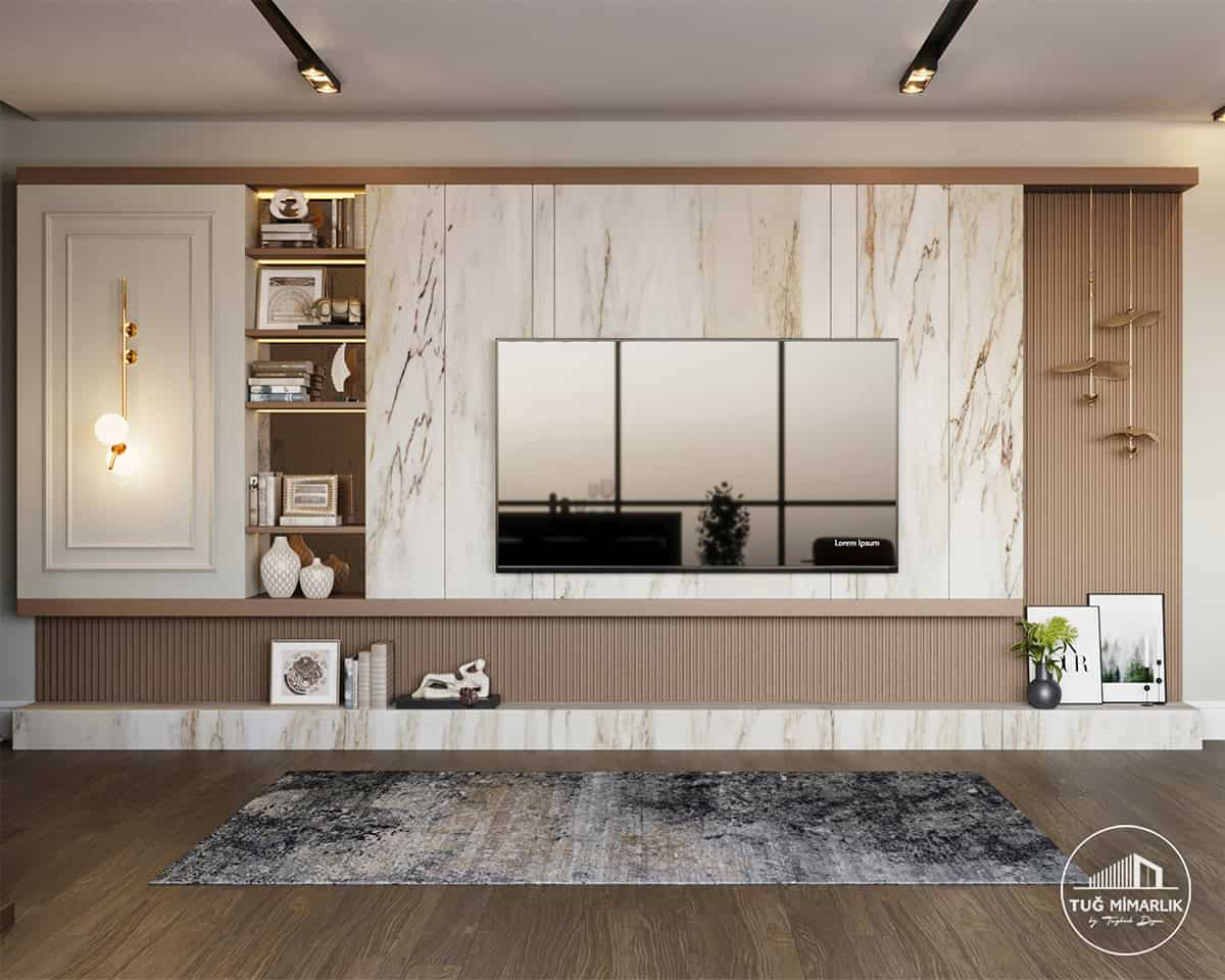 Duvardan duvara tv Ünitesi – mermer doku - tuğ mimarlık mimari salon dekorasyonu – mermer dokulu duvardan duvara TV ünitesi ve raf detayları