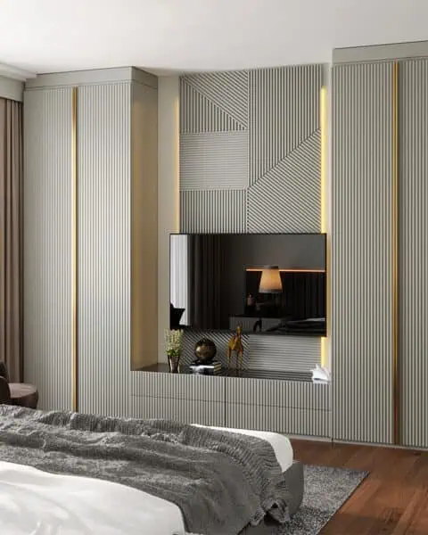 Erenköy yatak odası tasarımı fugalı panel TV duvarı ve özel üretim dolap