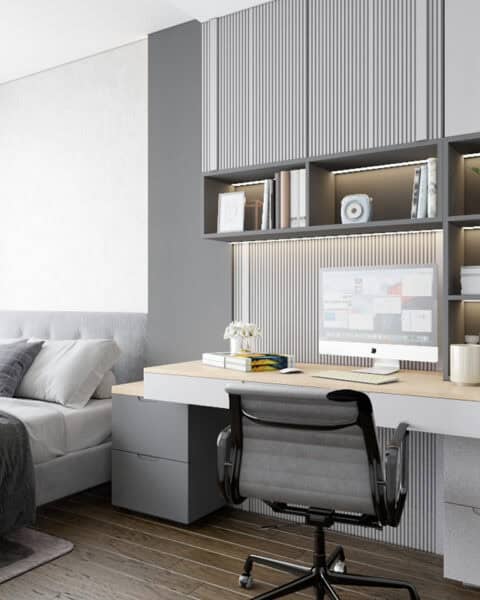 Çalışma masası detayı – raflı depolama ve aydınlatma - tuğ mimarlık çalışma masalı genç odası tasarımı, raf sistemi ve niş aydınlatma detayı