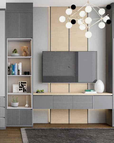 Gömme dolap ve tv Ünitesi – genç odası tasarımı - tuğ mimarlık Yedi Mavi genç odası gömme dolap, TV ünitesi ve raflı depolama çözümü