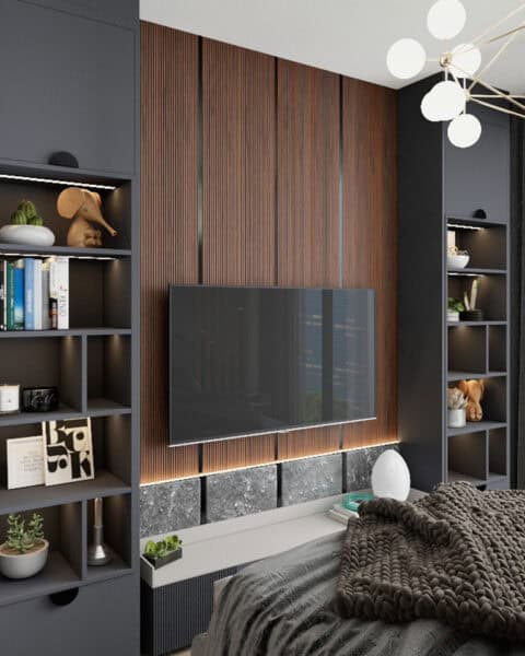 Tv paneli ve raf kuleleri – genç odası detayı - tuğ mimarlık Yedi Mavi genç odası TV paneli, raf kuleleri ve depolama ünitesi tasarımı