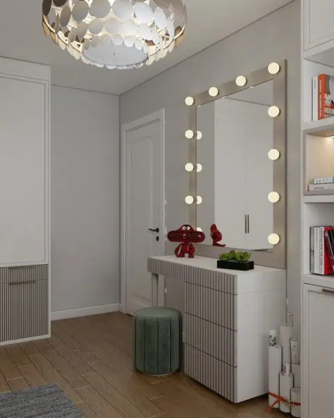 Baytur bostancı genç odası – aydınlatmalı ayna ve depolama - tuğ mimarlık Kadıköy genç odası tasarımı aydınlatmalı ayna, çekmeceli ünite ve depolama