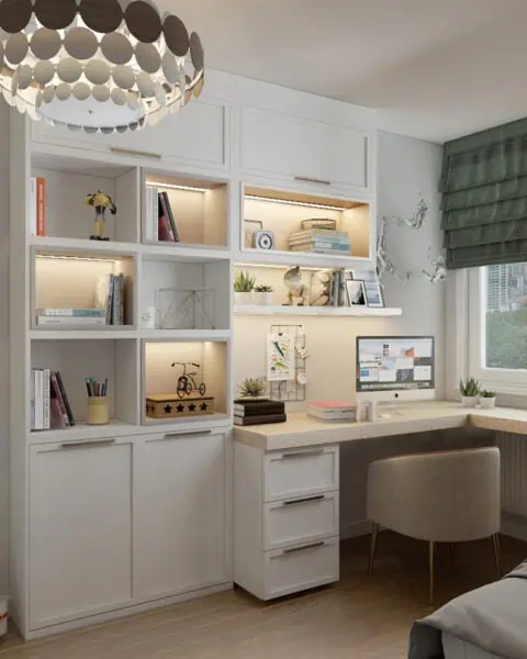 Kadıköy genç odası tasarımı çalışma masası, led raf ve pencere önü yerleşimi