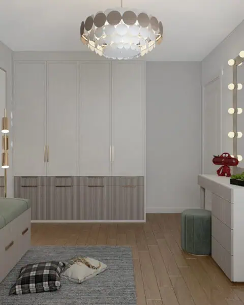 Baytur bostancı genç odası – gardırop ve makyaj alanı - tuğ mimarlık Kadıköy genç odası tasarımı gardırop, makyaj aynası ve oturma bankı