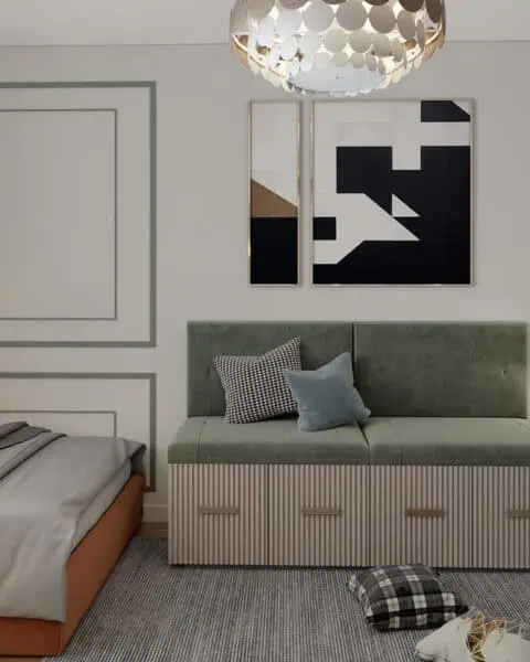 Baytur bostancı genç odası – yatak ve oturma bankı - tuğ mimarlık Kadıköy genç odası tasarımı yatak, oturma bankı ve duvar çıtası detayı