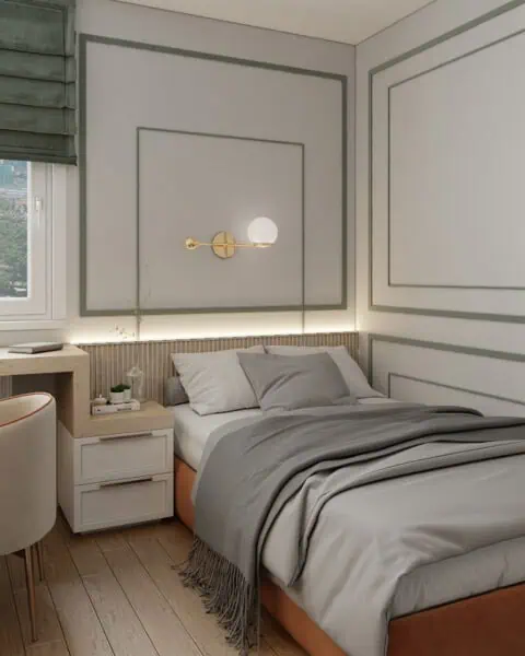 Kadıköy genç odası tasarımı yatak, pencere önü çalışma masası ve duvar paneli