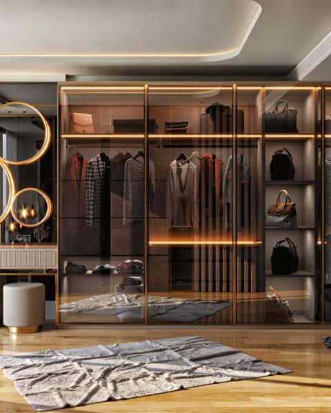 LED aydınlatmalı cam gardırop ve bronz detaylı depolama tasarımı Yedi Mavi Zeytinburnu
