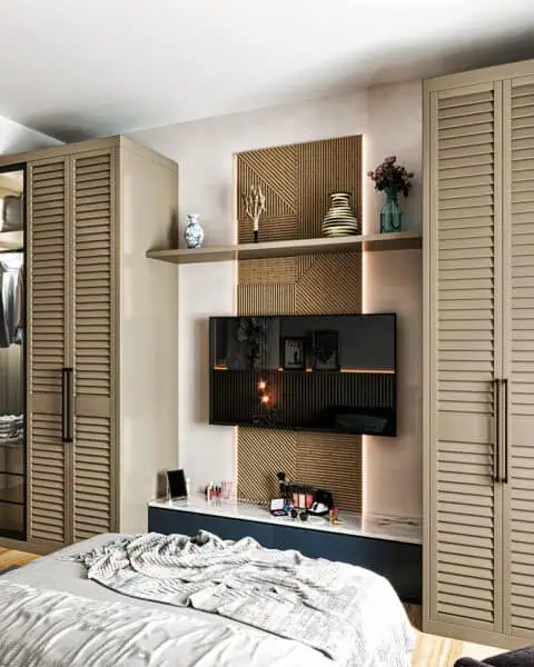 Mesa orman yatak odası – Özel gardırop ve tv Ünitesi - tuğ mimarlık Mesa Orman yatak odası tasarımı, özel üretim gardırop ve TV ünitesi, LED aydınlatma
