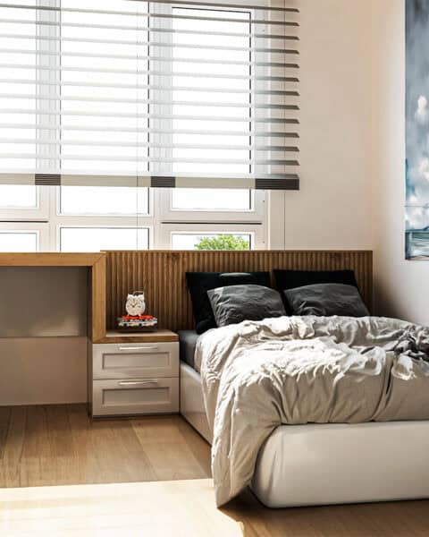 Mesa orman genç odası Çıtalı başlık paneli ve entegre masa - tuğ mimarlık Mesa Orman genç odası tasarımı çıtalı başlık paneli, ahşap detay ve pencere önü entegre çalışma alanı