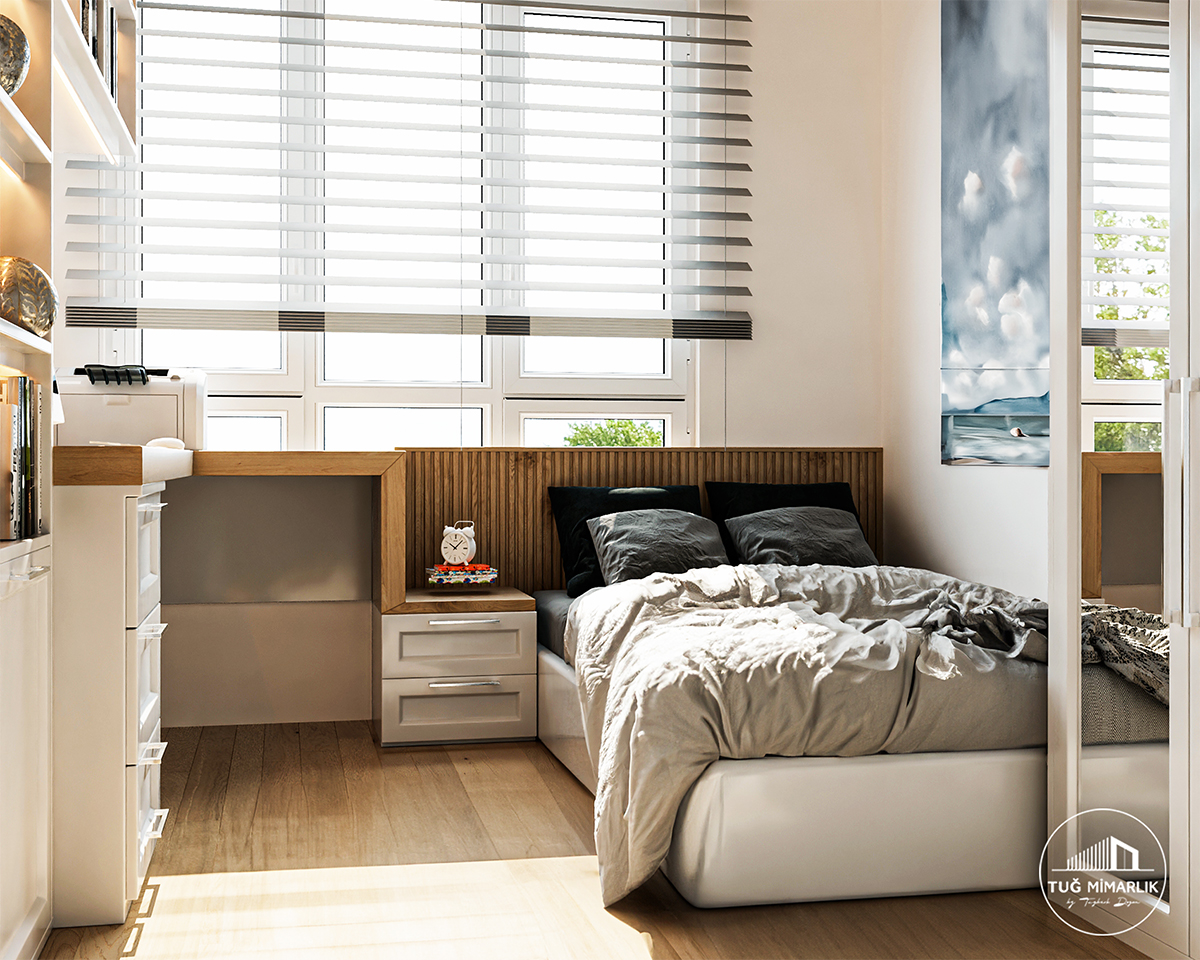 Mesa orman genç odası Çıtalı başlık paneli ve entegre masa - tuğ mimarlık Mesa Orman genç odası tasarımı çıtalı başlık paneli, ahşap detay ve pencere önü entegre çalışma alanı