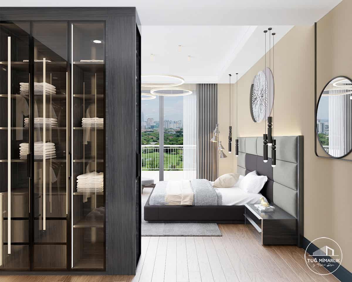 Mesa yeşilyaka su – dolap ve yatak perspektifi - tuğ mimarlık Mesa Yeşilyaka Su Yatak Odası cam dolap ve yatak başı tasarımı perspektifi