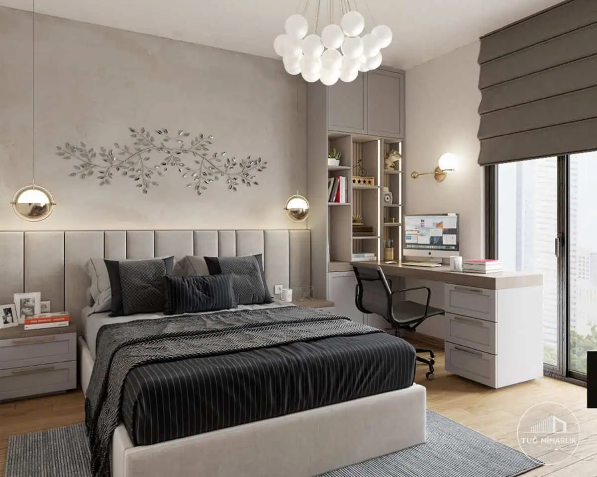 Genç kız odası – yatak alanı detayı - tuğ mimarlık modern genç kız odası tasarımı, yatak alanı ve sarkıt aydınlatma