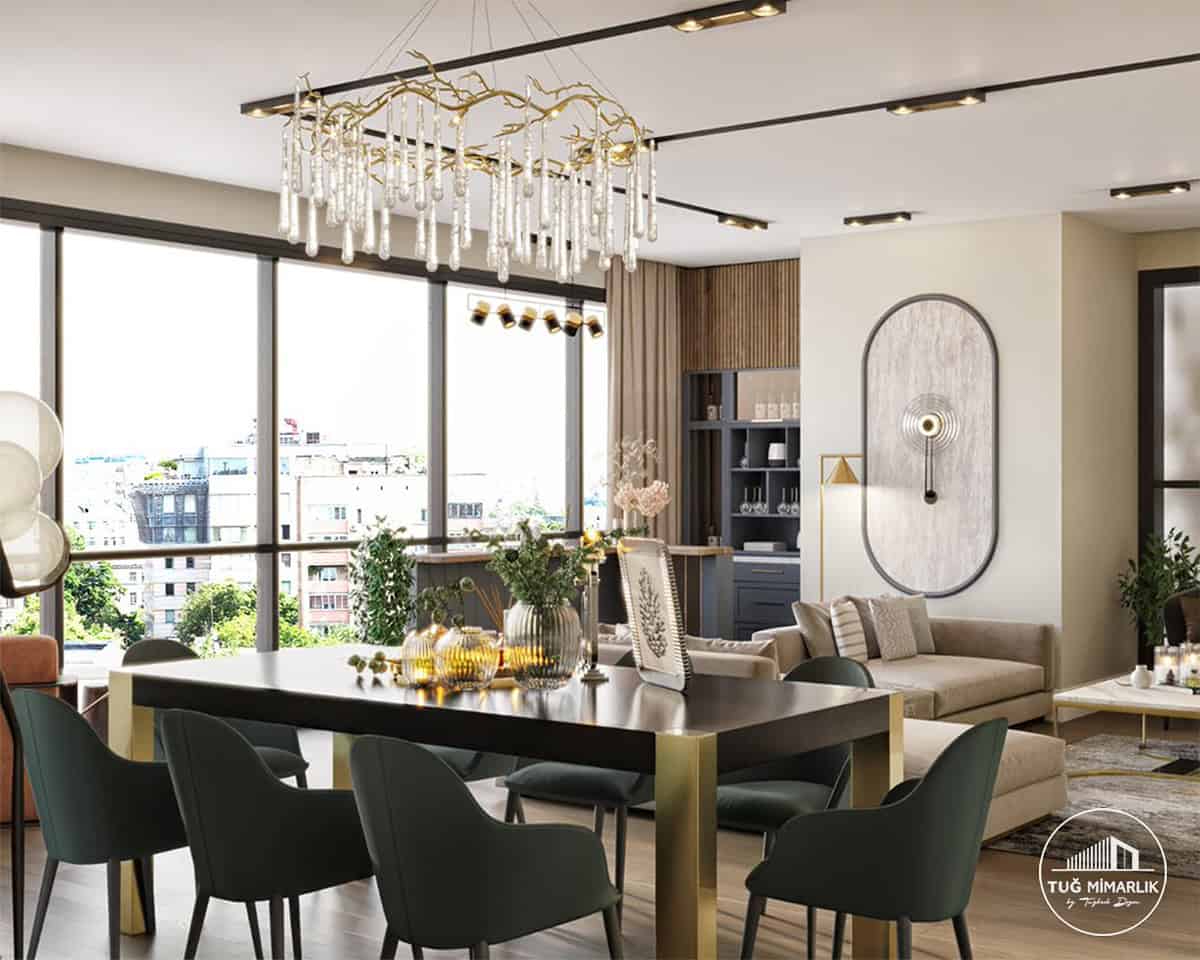 Modern salon tasarımı – geniş cam ve yemek masası - tuğ mimarlık modern salon tasarımı – geniş cam cephe, yemek masası ve oturma alanı birleşimi