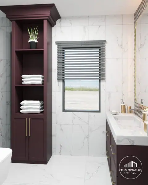 Mutluhan konakları Ömerli banyo – boy dolabı ve mermer görünümlü zemin - tuğ mimarlık Ömerli villa banyo tasarımı, boy dolabı raflı depolama ve mermer görünümlü porselen zemin