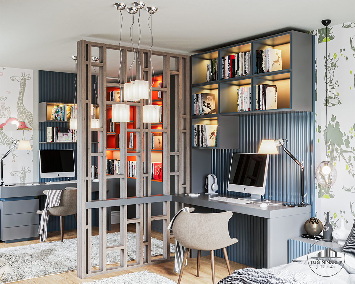 Mutluhan konakları erkek genç odası – Çift Çalışma alanı - tuğ mimarlık Mutluhan Konakları erkek ikiz genç odası çift çalışma modülü ve kitaplık