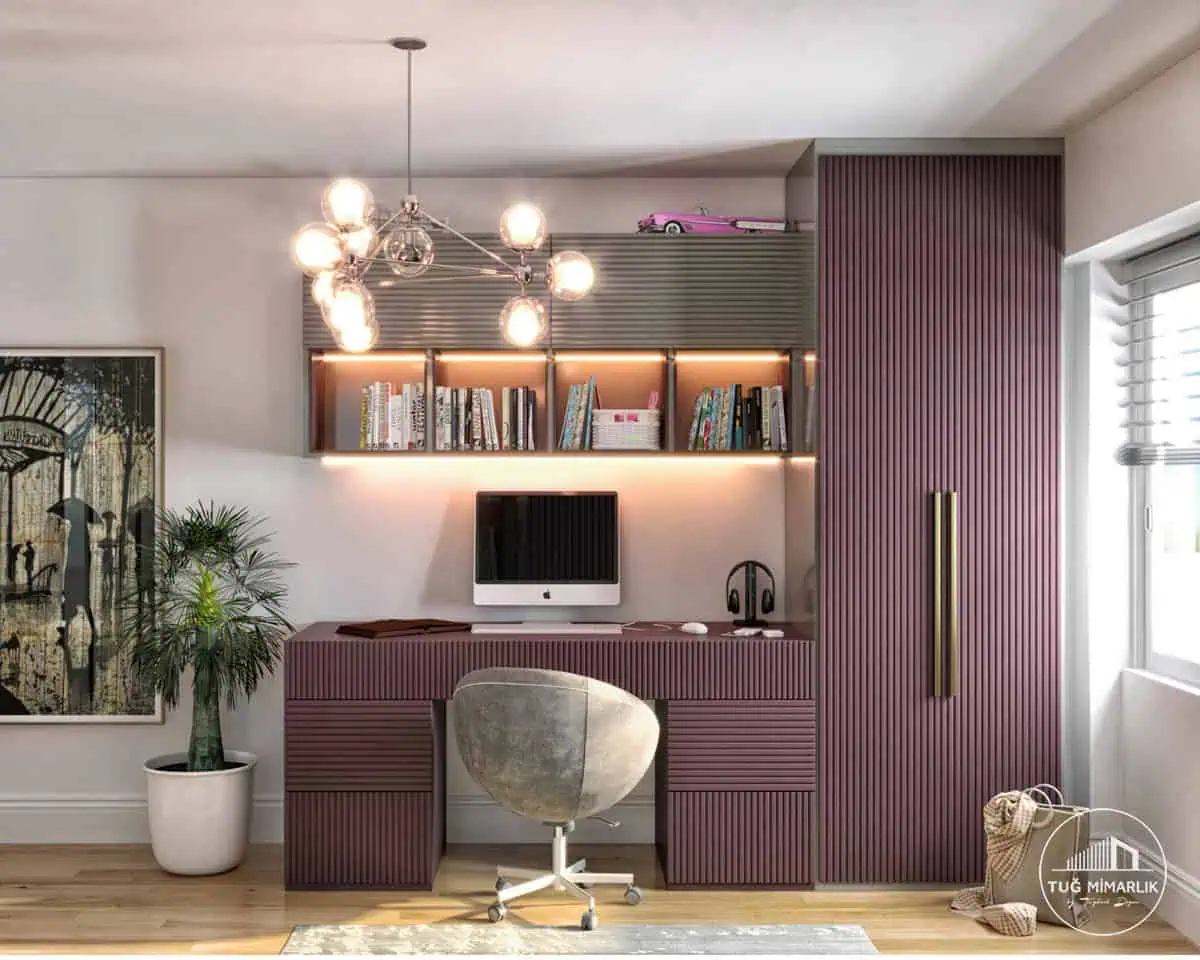 Genç odası – kütüphane ve dolap modülleri - tuğ mimarlık Ömerli genç odası tasarımı özel kütüphane rafları LED aydınlatma ve geniş depolama dolapları