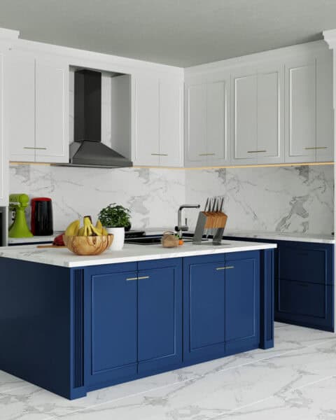 Mutluhan Konakları Ömerli ada tezgâhlı modern-klasik mutfak tasarımı, ipek mat lake çıtalı dolaplar