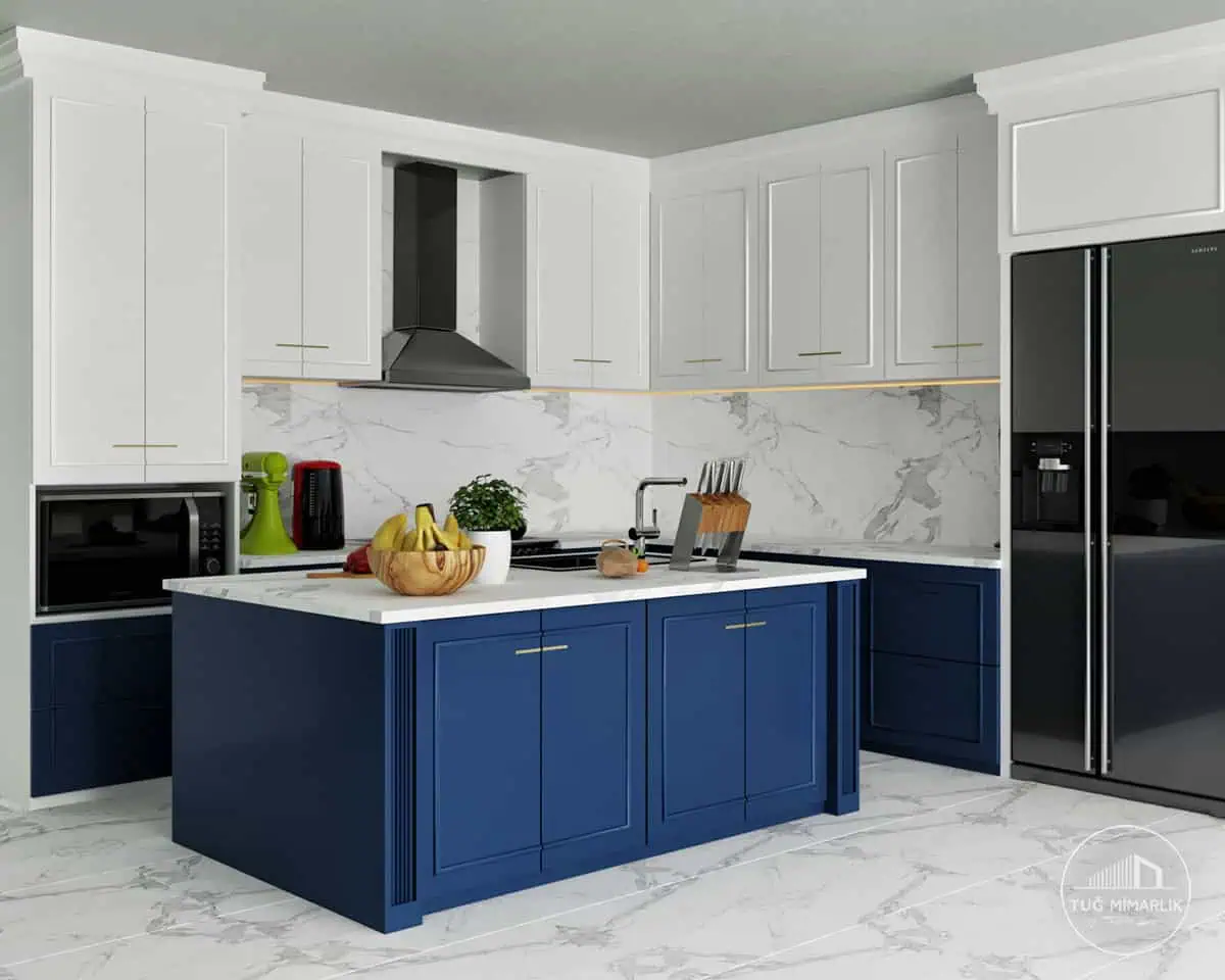 Mutluhan konakları Ömerli ada tezgâhlı mutfak - tuğ mimarlık Mutluhan Konakları Ömerli ada tezgâhlı modern-klasik mutfak tasarımı, ipek mat lake çıtalı dolaplar