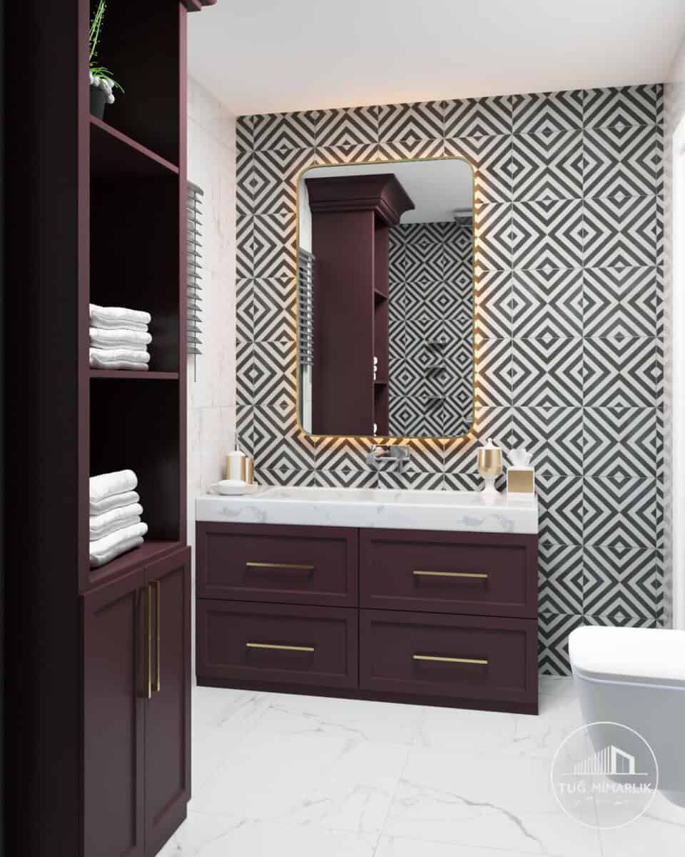 Mutluhan konakları banyo tasarımı – desenli seramik ve led ayna - tuğ mimarlık Mutluhan Konakları Ömerli modern-klasik banyo tasarımı, ipek mat lake dolap ve LED ayna