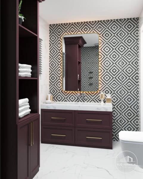 Mutluhan konakları banyo tasarımı – desenli seramik ve led ayna - tuğ mimarlık Mutluhan Konakları Ömerli modern-klasik banyo tasarımı, ipek mat lake dolap ve LED ayna