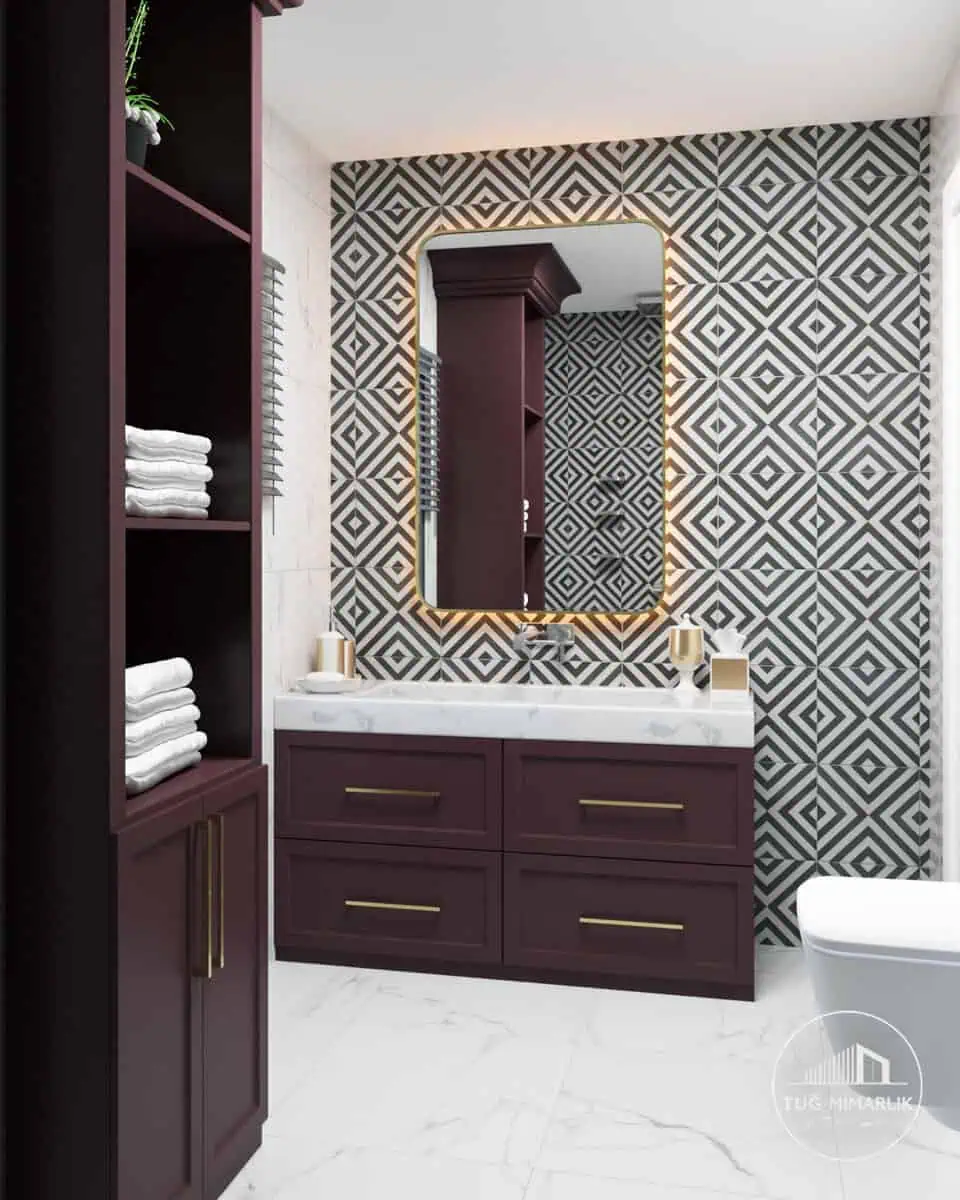 Mutluhan konakları banyo tasarımı – desenli seramik ve led ayna - tuğ mimarlık Mutluhan Konakları Ömerli modern-klasik banyo tasarımı, ipek mat lake dolap ve LED ayna