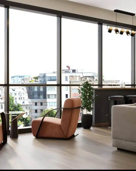 Pencere Önü oturum – bar ve manzara - tuğ mimarlık lüks salon dekorasyonu – pencere önü oturum alanı, bar tabureleri ve manzara