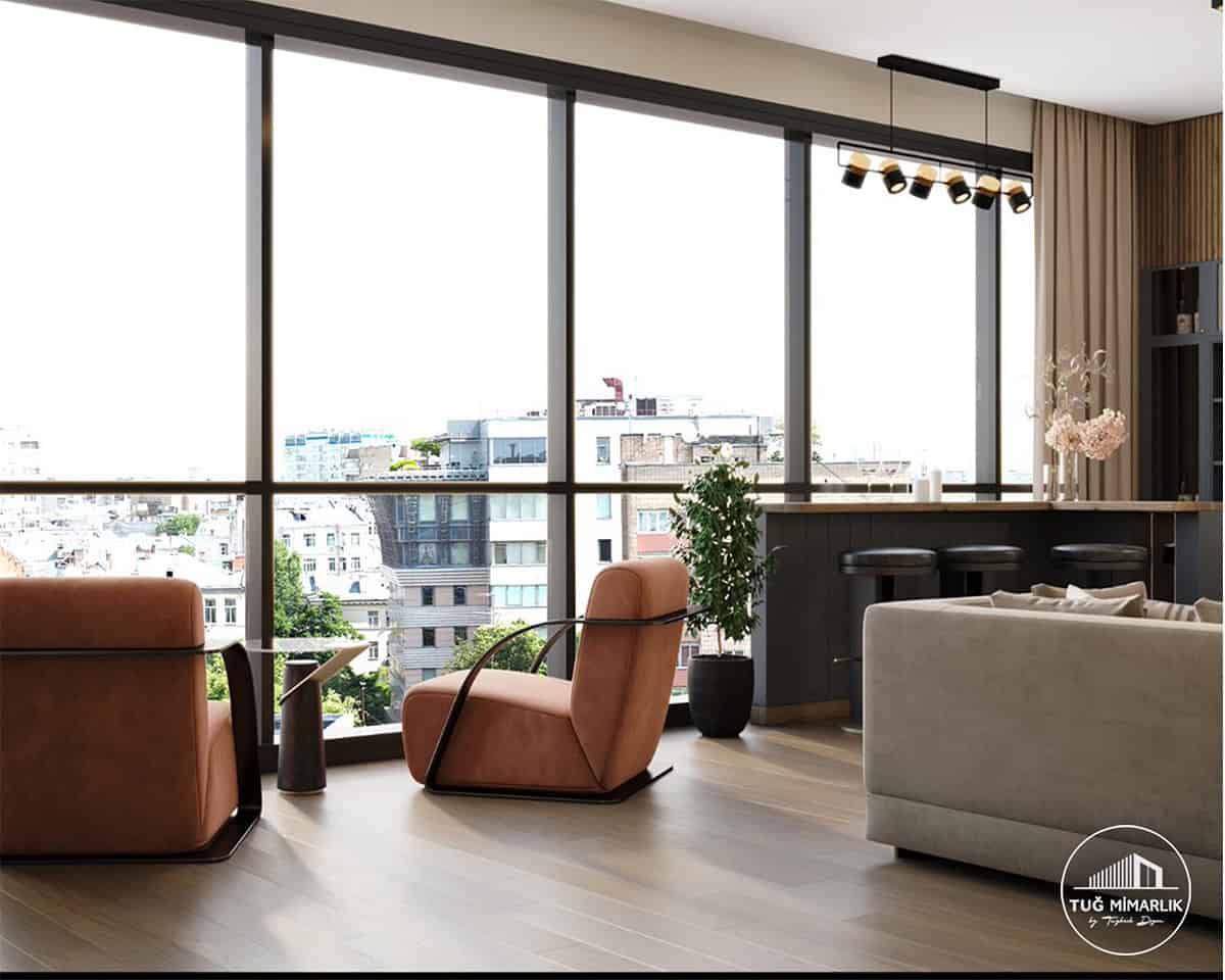 Pencere Önü oturum – bar ve manzara - tuğ mimarlık lüks salon dekorasyonu – pencere önü oturum alanı, bar tabureleri ve manzara