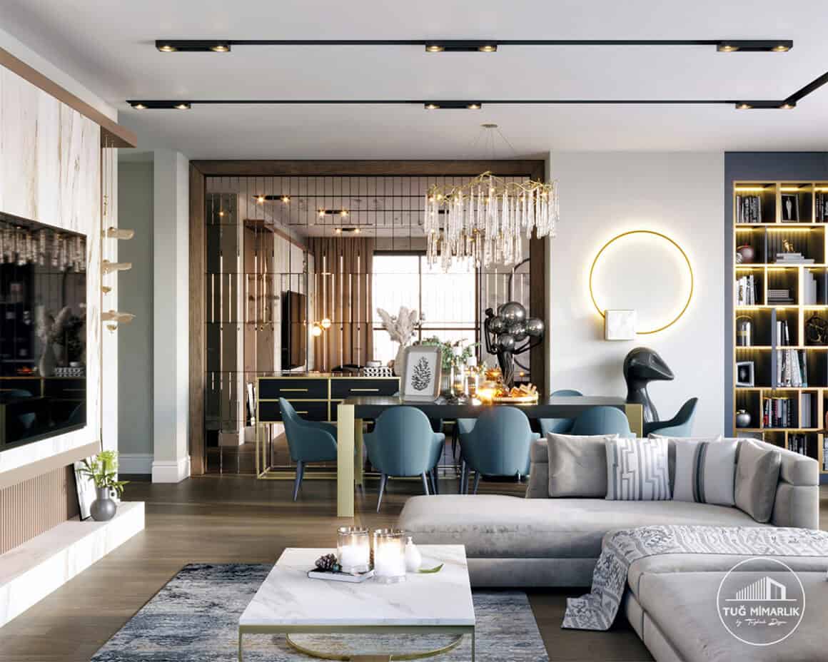 Salon İç dekorasyon Örnekleri – premium detaylar - tuğ mimarlık salon iç dekorasyon örnekleri – premium aydınlatma, geniş oturum ve bar alanı detayları