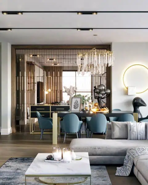 salon iç dekorasyon örnekleri – premium aydınlatma, geniş oturum ve bar alanı detayları