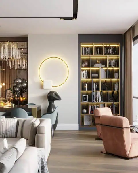 salon iç tasarım – yemek alanı, raf içi aydınlatma ve yüksek katlı residence manzarası