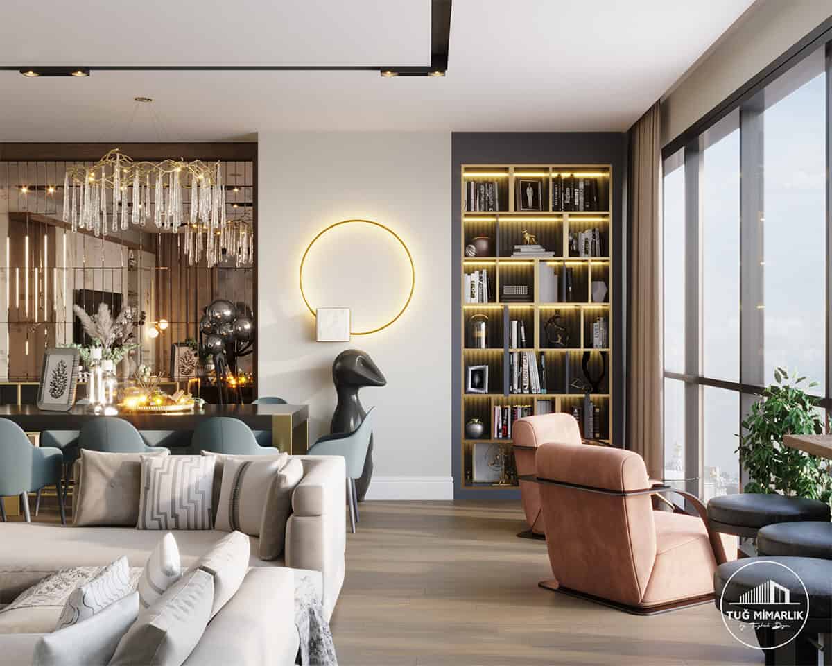 Salon tasarımı – yemek alanı ve raf aydınlatma - tuğ mimarlık salon iç tasarım – yemek alanı, raf içi aydınlatma ve yüksek katlı residence manzarası