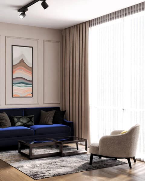 modern çalışma odası dekorasyon lacivert koltuk ve dinlenme koltuğu