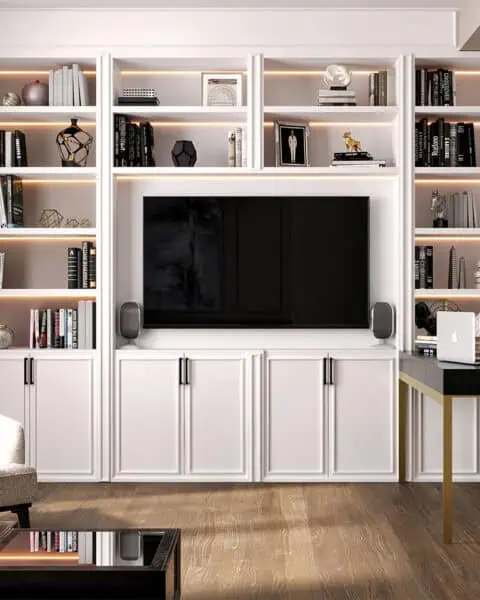 Trump Tower çalışma odası tasarımı TV üniteli modül ve LED raflar