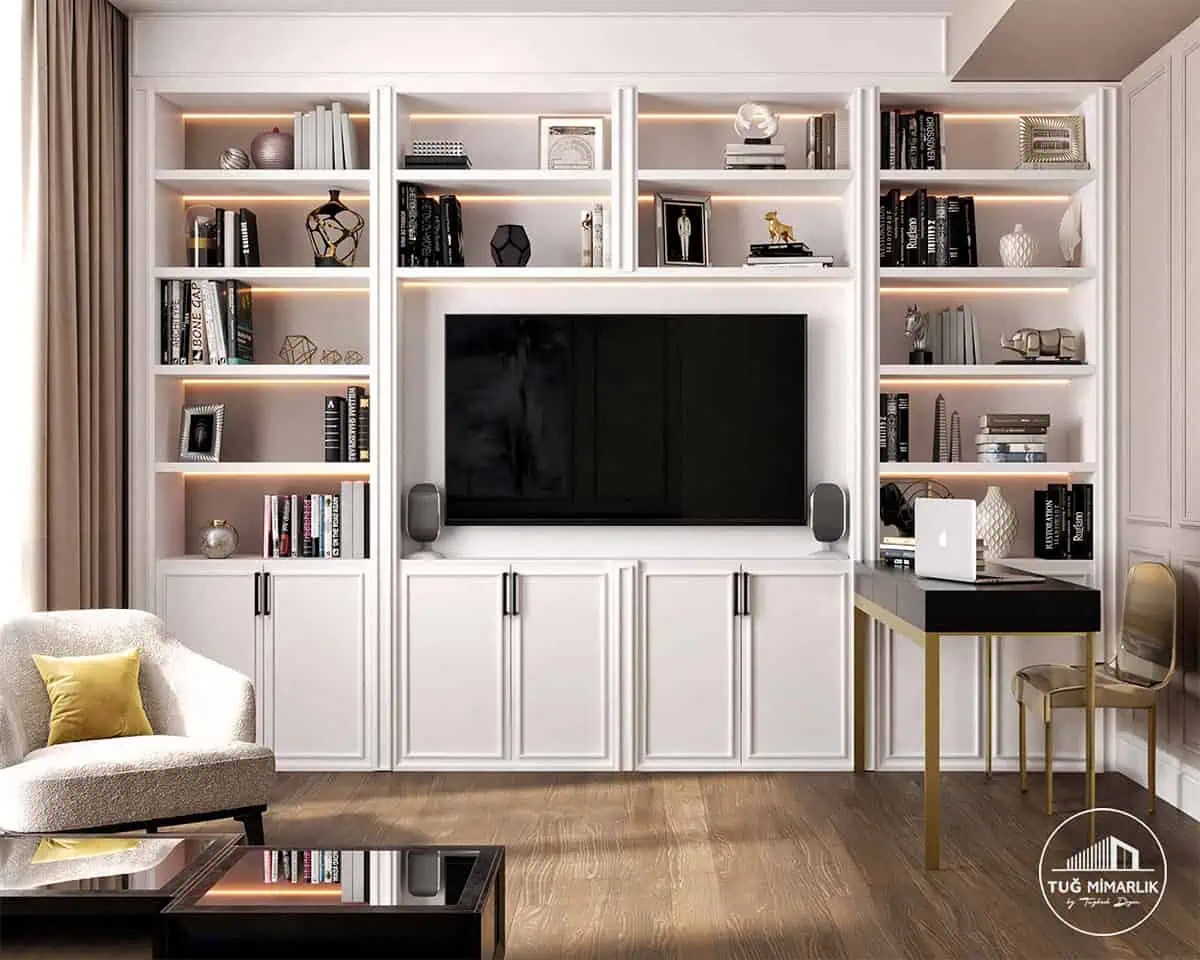 Trump tower Çalışma odası tv Üniteli modül - tuğ mimarlık Trump Tower çalışma odası tasarımı TV üniteli modül ve LED raflar