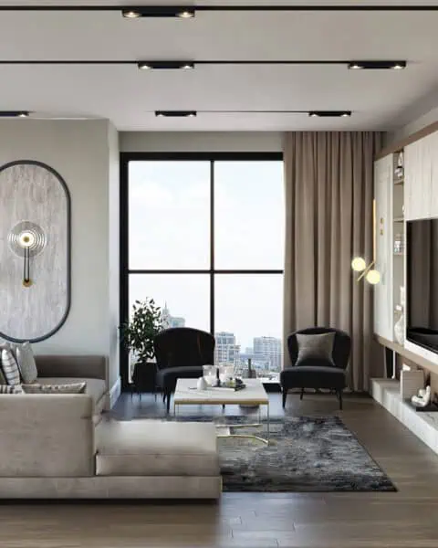 Trump tower residence salon – manzara ve tv Ünitesi - tuğ mimarlık Trump Tower Residence salon mimari tasarım – manzaraya karşı oturum ve duvardan duvara TV ünitesi