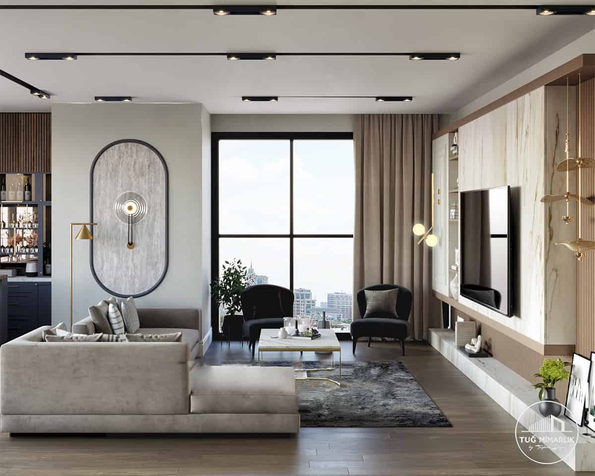 Trump tower residence salon – manzara ve tv Ünitesi - tuğ mimarlık Trump Tower Residence salon mimari tasarım – manzaraya karşı oturum ve duvardan duvara TV ünitesi