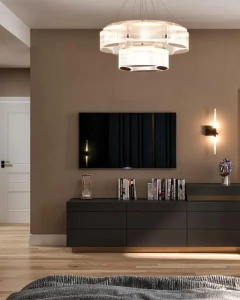 Tv li konsol Ünitesi – minimal ve sıcak işık - tuğ mimarlık Trump Tower Residence yatak odası tv'li konsol ünitesi ve şifonyer çekmeceli mobilya