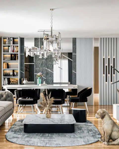 Açık plan salon ve yemek alanı - tuğ mimarlık Avrupa Konutları Yamanevler open plan salon tasarımı, yemek masası ve TV ünitesi