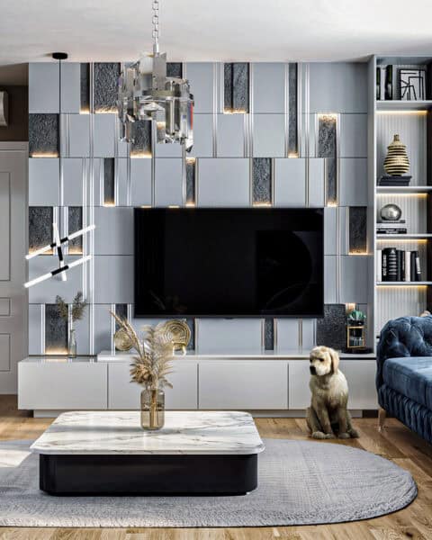 Aydınlatmalı tv duvarı ve kitaplık - tuğ mimarlık Ümraniye salon tasarımı TV duvarı, aydınlatmalı panel ve raflı kitaplık