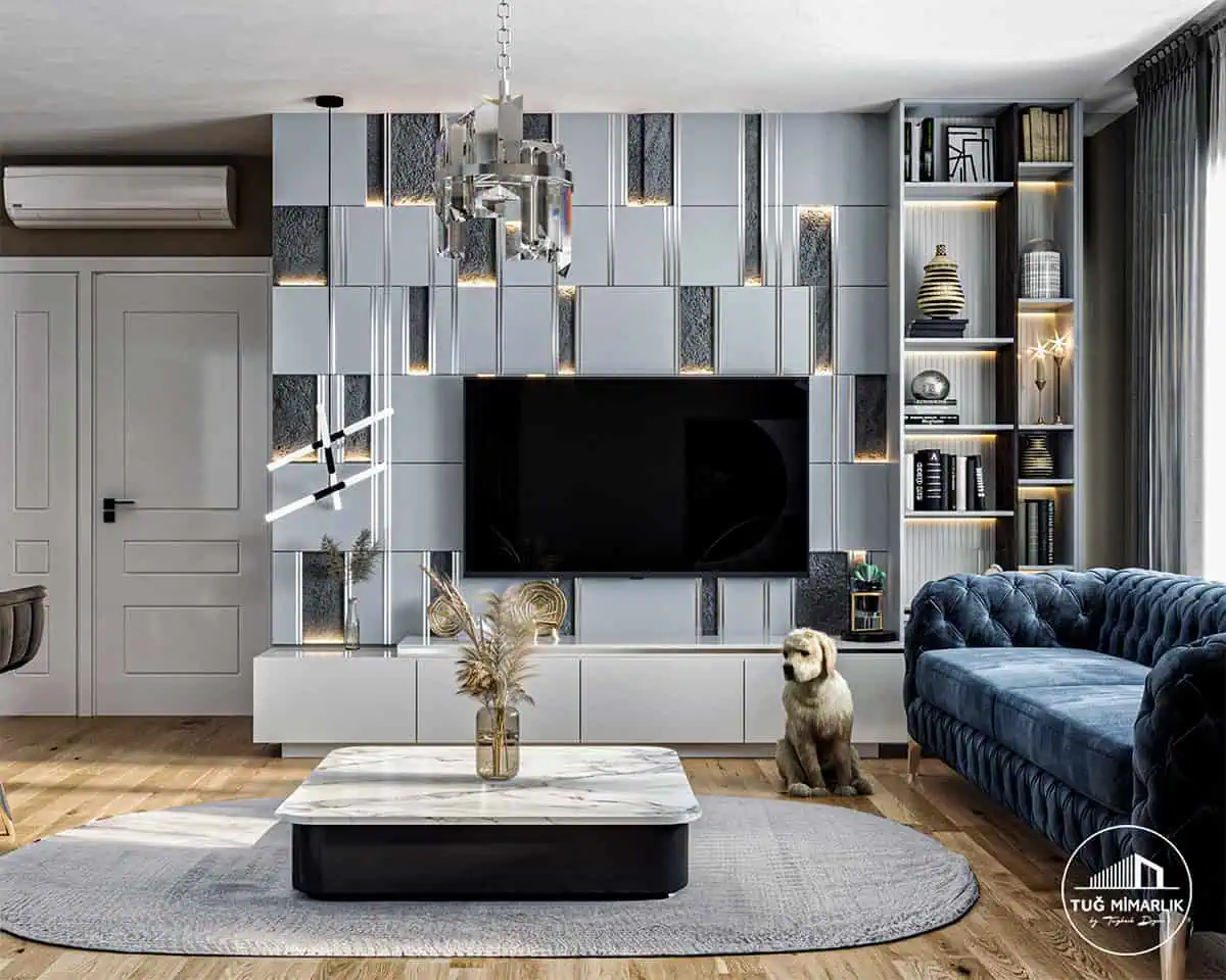Aydınlatmalı tv duvarı ve kitaplık - tuğ mimarlık Ümraniye salon tasarımı TV duvarı, aydınlatmalı panel ve raflı kitaplık