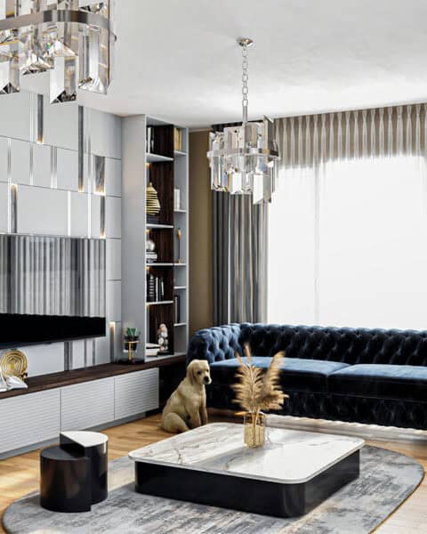 Tv Ünitesi yakın plan detayı - tuğ mimarlık aydınlatmalı TV ünitesi duvar paneli ve konsol, Ümraniye salon tasarımı