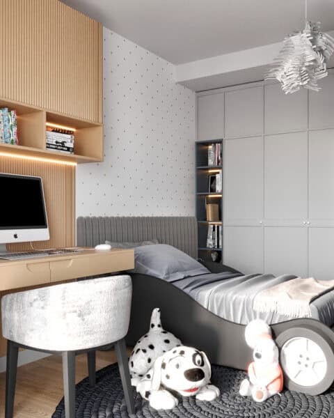 Yedi mavi araba yataklı genç odası – Çalışma masası - tuğ mimarlık Yedi Mavi’de araba yataklı genç odası tasarımı çalışma masası ve kitaplık