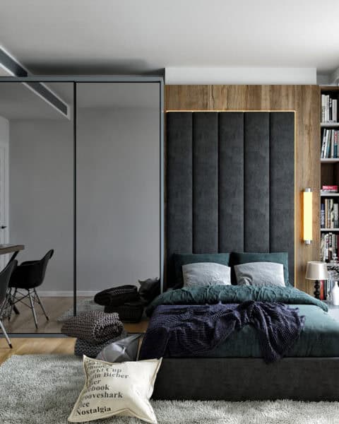 Yedi Mavi Zeytinburnu çalışma alanlı genç odası tasarımı, aynalı sürgü dolap ve raf altı aydınlatma