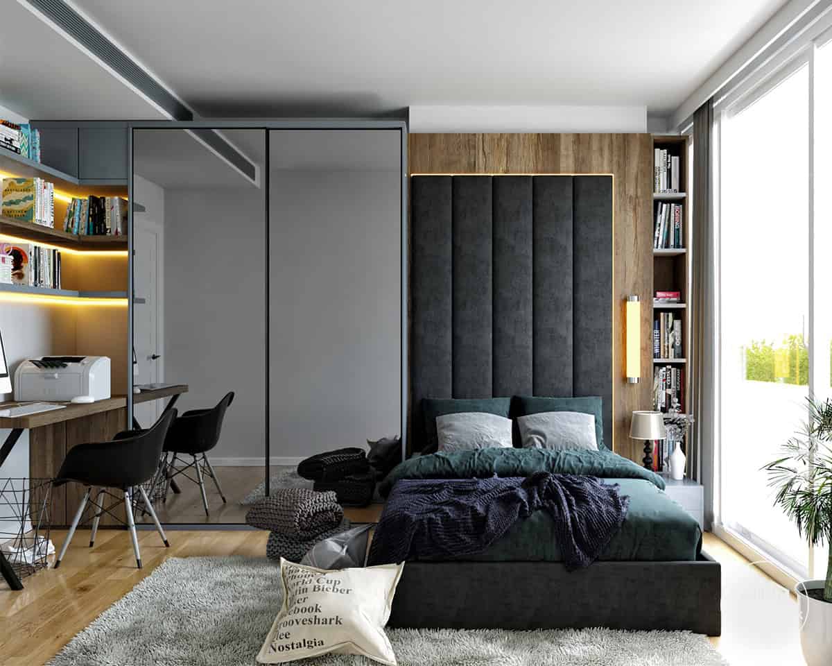 Yedi mavi genç odası – aynalı dolap ve Çalışma alanı - tuğ mimarlık Yedi Mavi Zeytinburnu çalışma alanlı genç odası tasarımı, aynalı sürgü dolap ve raf altı aydınlatma