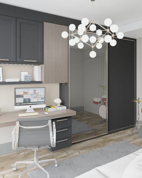 Yedi mavi Çalışma odası – antrasit detay - tuğ mimarlık Yedi Mavi çalışma odası tasarımı antrasit dolap kapakları ve masa detayı