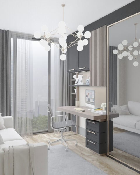 Yedi Mavi çalışma odası tasarımı antrasit renkli çalışma alanı geniş açı