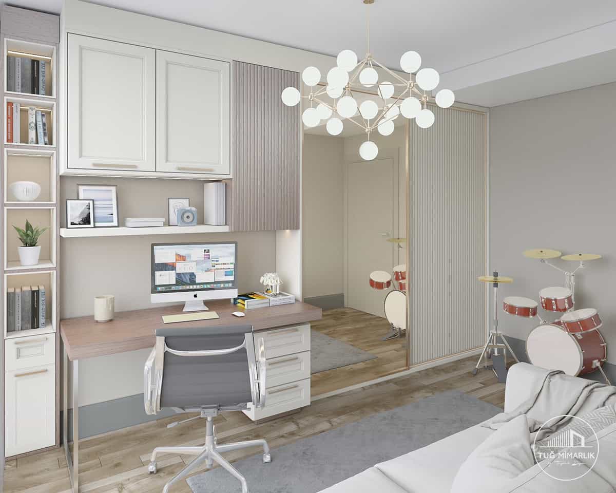 Yedi mavi Çalışma odası – vizon detay - tuğ mimarlık Yedi Mavi çalışma odası tasarımı vizon dolap ve çalışma masası