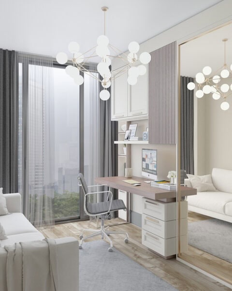 Yedi Mavi çalışma odası tasarımı vizon renkli çalışma alanı geniş açı