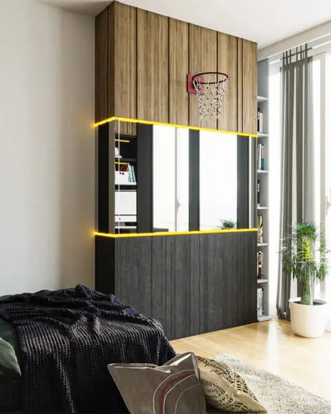 Yedi mavi genç odası – basketbol potalı led pano - tuğ mimarlık Yedi Mavi Evleri genç odası tasarımı, basketbol potalı LED pano, modüler dolap ve vitrin-raf alanı